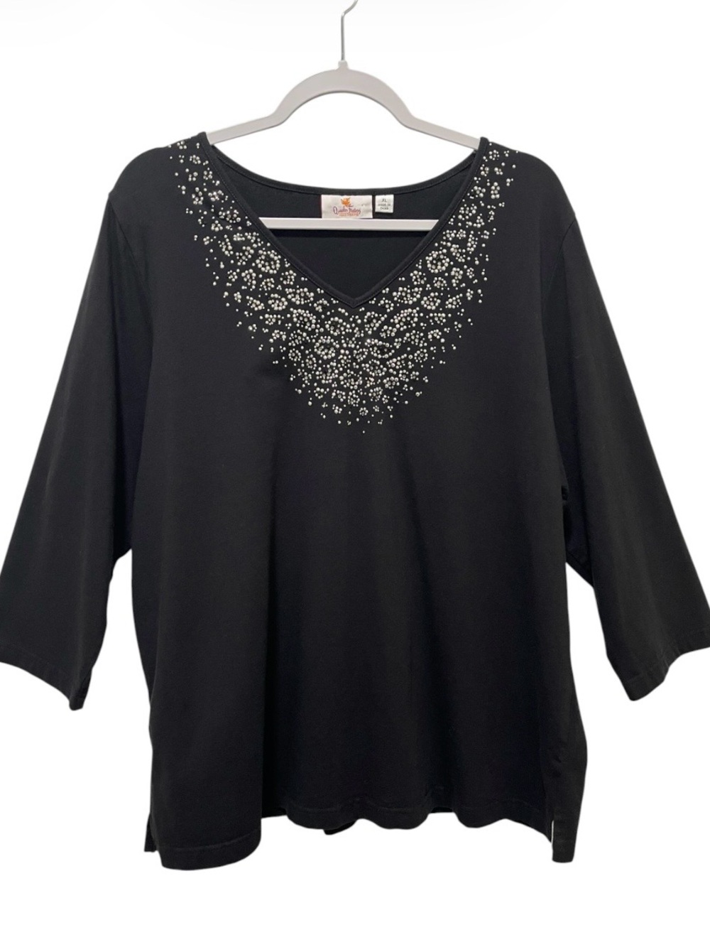 Quacker Factory Silver Tone Rhinestone Embellished V-Neck Black Blouse Size XL